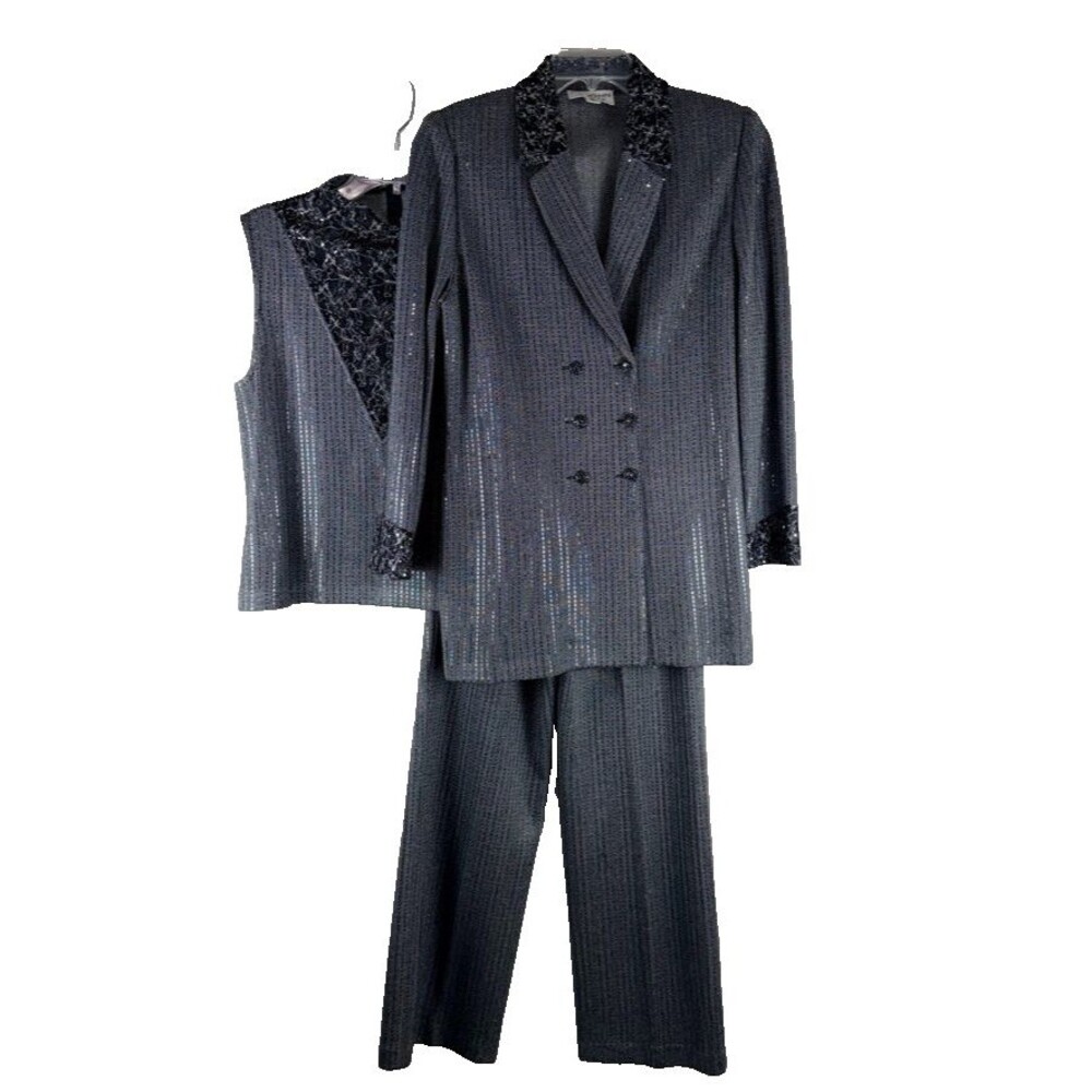 St. John Caviar Knit 3 Pc Pant Suit Size 10 Grey Metallic Sequin Beaded Trim